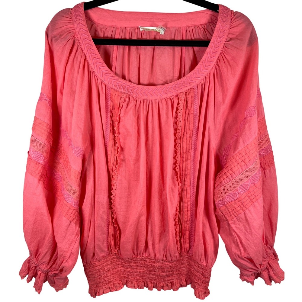 Ramy Brook XL Coral Pink Embroidered Cotton Peasant Blouse Boho Smocked Top